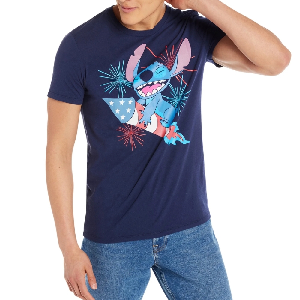 Disney Mens Unisex Navy Blue Lilo Stitch Graphic T-Shirt Big Firework Medium
